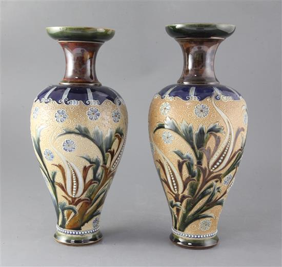 A pair of Royal Doulton stoneware baluster vases, decorated by Eliza Simmance, height 33.5cm